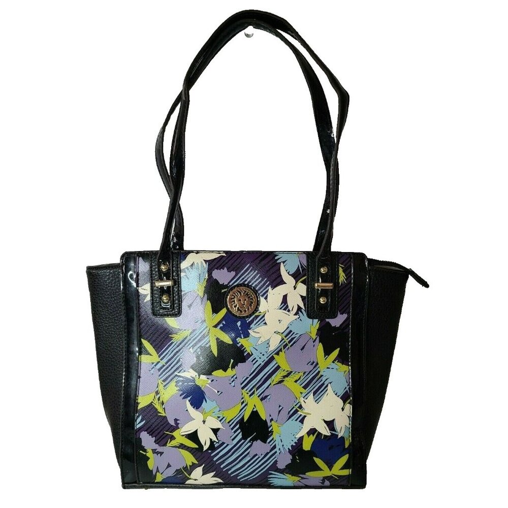 Anne Klein Womens Abstract Shoulder Bag Black Purple Floral Faux Leather Purse